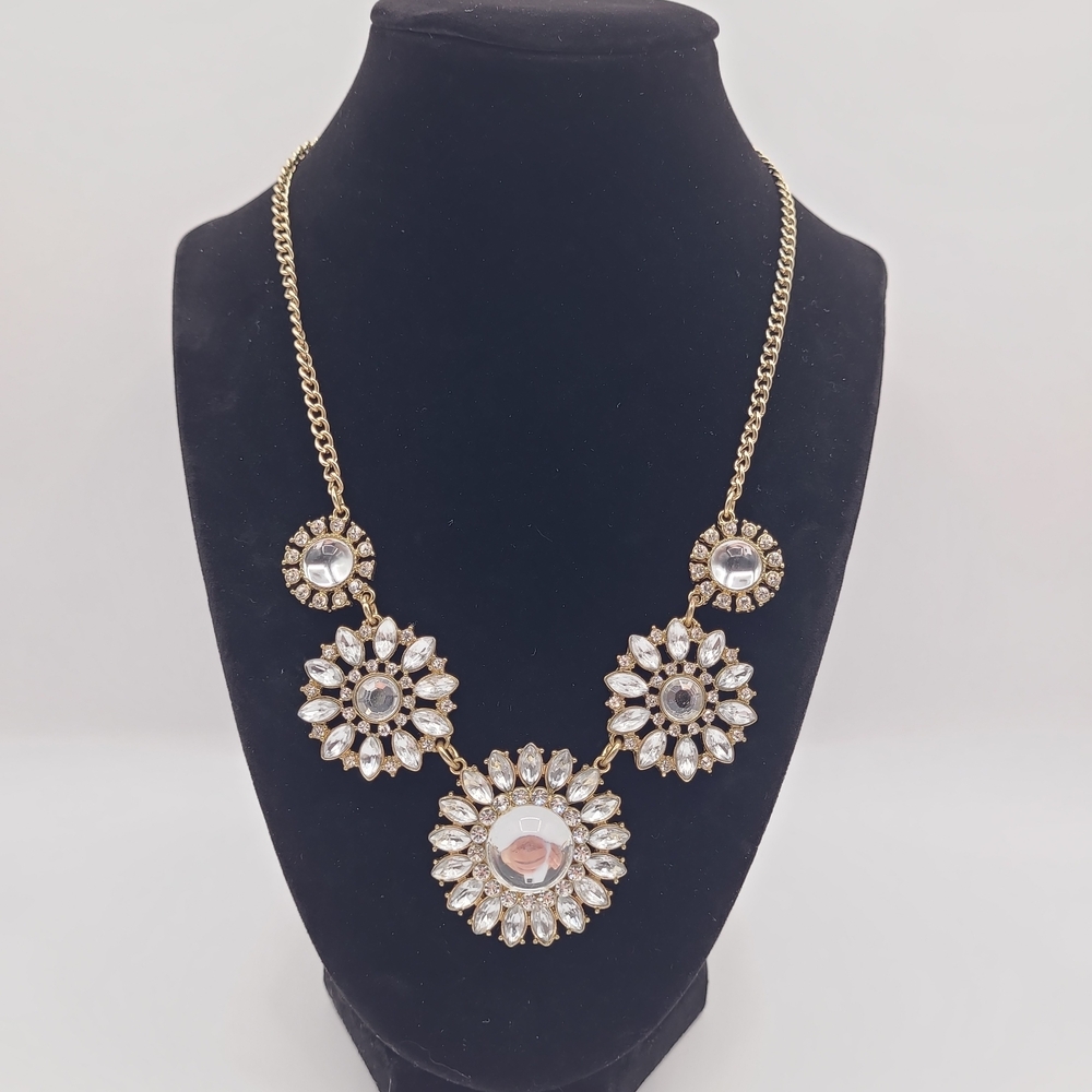 Gold Tone Crystal Rhinestone Floral Statement Necklace Wedding Prom